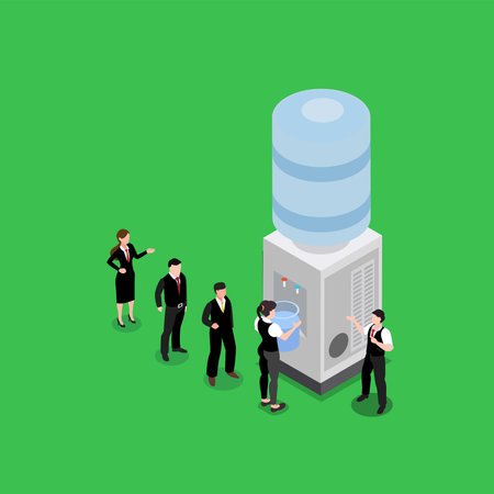 Coworkers team communication, drinking cooler or hot water on break 3d isometric vector illustration concept for banner, website, landing page, ads, flyer templateのイラスト素材