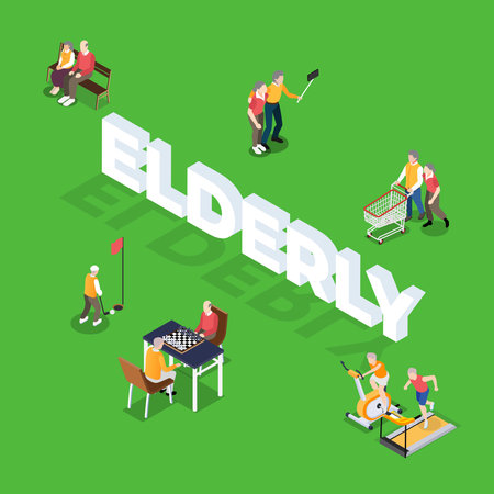 Happy seniors doing various activities 3d isometric vector illustration concept for banner, website, landing page, ads, flyer templateのイラスト素材