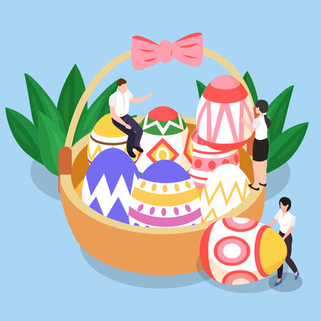 Happy Easter scene with families 3d isometric vector illustration concept for banner, website, landing page, ads, flyer templateのイラスト素材