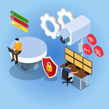 CCTV security service worker 3d isometric vector illustration concept for banner, website, landing page, ads, flyer templateのイラスト素材