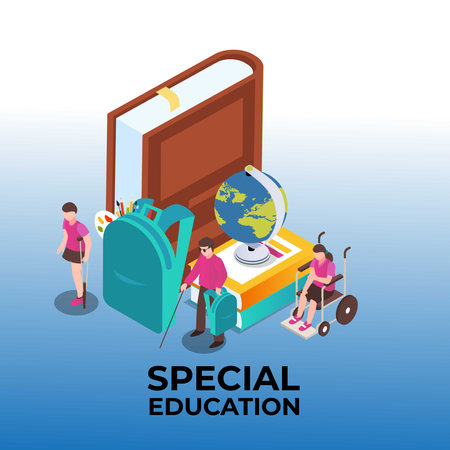 Kids with disability learning 3d isometric vector illustration concept for banner, website, landing page, ads, flyer templateのイラスト素材