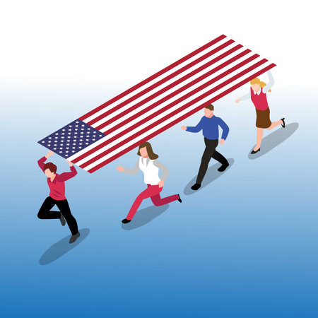 People carrying the America flag waved while memorial day parade 3d isometric vector illustration concept for banner, website, landing page, ads, flyer templateのイラスト素材