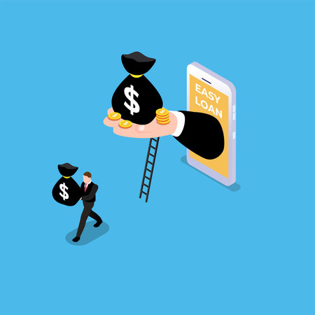 Online loan using smartphone 3d isometric vector illustration concept for banner, website, landing page, ads, flyer templateのイラスト素材