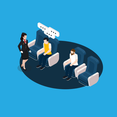 Boarding stewardess and men in airplane 3d isometric vector illustration concept for banner, website, landing page, ads, flyer templateのイラスト素材