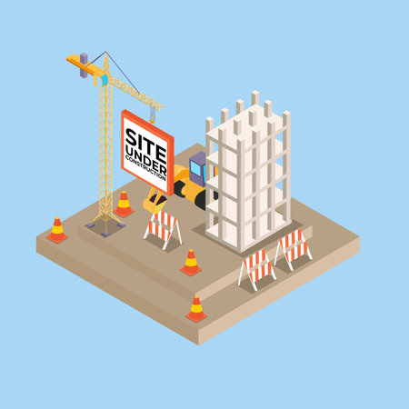 Building work process with houses and construction machines 3d isometric vector illustration concept for banner, website, landing page, ads, flyer templateのイラスト素材