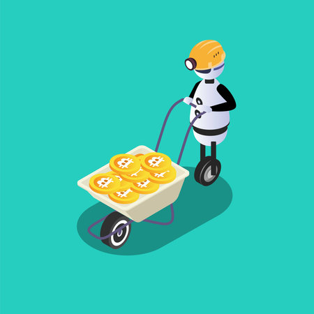 Robotic automation process for bitcoin mining 3d isometric vector illustration concept for banner, website, landing page, ads, flyer templateのイラスト素材