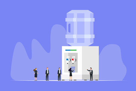 Coworkers team communication, drinking cooler or hot water on break 2d vector illustration concept for banner, website, illustration, landing page, flyer, etcのイラスト素材
