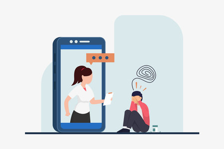 Online psychological counseling 2d vector illustration concept for banner, website, illustration, landing page, flyer, etcのイラスト素材