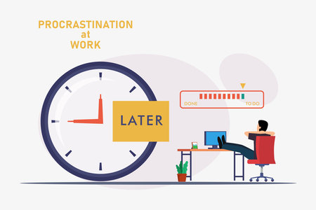 Young worker sitting with his legs on desk, dreaming and procrastinating instead of working 2d vector illustration concept for banner, website, illustration, landing page, flyer, etcのイラスト素材