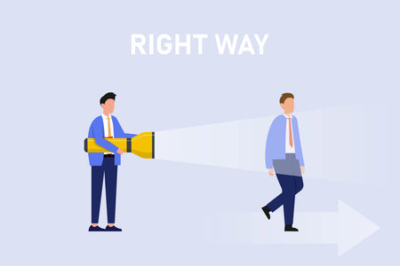 Businessman showing flashlight to his friend 2d vector illustration concept for banner, website, illustration, landing page, flyer, etcのイラスト素材