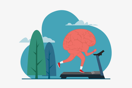 Brain working out on a treadmill to keep smart 2d vector illustration concept for banner, website, illustration, landing page, flyer, etcのイラスト素材