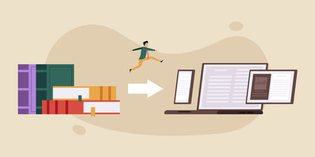 Businessman switching to digital technology from paper 2d vector illustration concept for banner, website, illustration, landing page, flyer, etcのイラスト素材