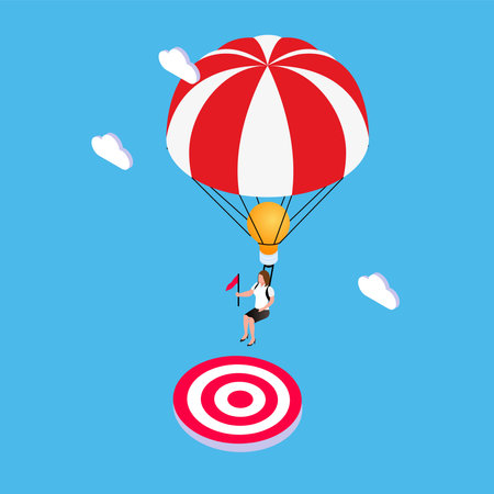 Businesswoman with parachute landing on the target isometric 3d vector illustration concept for banner, website, illustration, landing page, flyer, etc.のイラスト素材