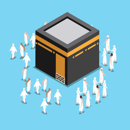 Muslim Pilgrims Walking Around Kaaba in Mecca isometric 3d vector illustration concept for banner,...