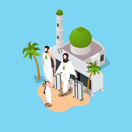 uslim Family pilgrim wearing ihram clothes with a suitcase just arrived in mecca isometric 3d vector illustration concept for banner, website, illustration, landing page, flyer, etc.のイラスト素材