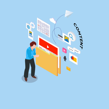 Digital entrepreneur with content strategy isometric 3d vector illustration concept for banner, website, illustration, landing page, flyer, etc.のイラスト素材