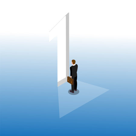 The doorway to success - Businessman in front of number one shaped door isometric 3d vector illustration concept for banner, website, illustration, landing page, flyer, etcのイラスト素材