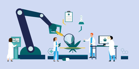 Scientist with robotic arm researching cannabis for medicines 2d vector illustration concept for banner, website, illustration, landing page, flyer, etc.のイラスト素材