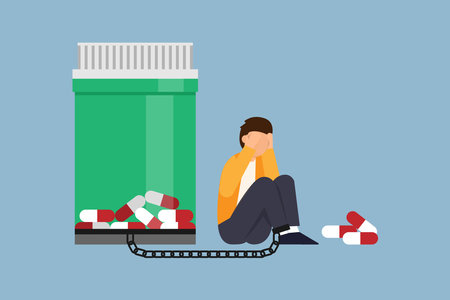 Man with painkiller addiction chained to the bottle of pills 2d vector illustration concept for banner, website, illustration, landing page, flyer, etc.のイラスト素材