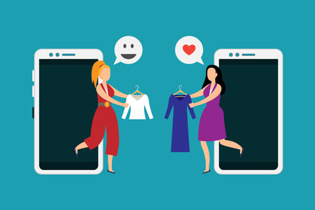 Women buy and sell used clothes online 2d vector illustration concept for banner, website, illustration, landing page, flyer, etc.のイラスト素材