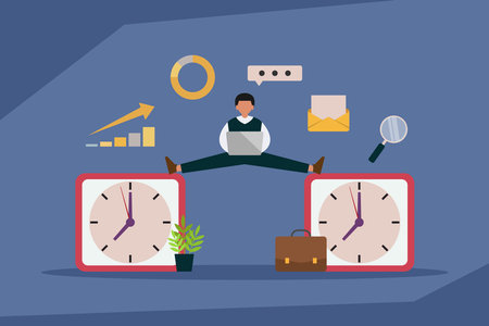 Businessman working on laptop while doing split in between 2 clocks 2d vector illustration concept for banner, website, illustration, landing page, flyer, etc.のイラスト素材