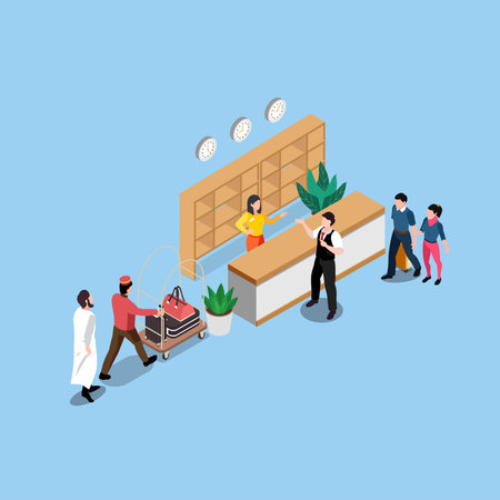Tourist and Bellboy with cart at a receptionist isometric 3d vector illustration concept for banner, website, illustration, landing page, flyer, etc.のイラスト素材