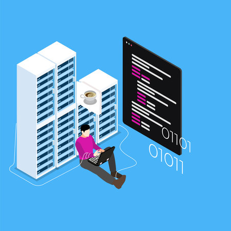 Sysadmin repairing and adjusting database server or network connection isometric 3d vector illustration concept for banner, website, illustration, landing page, flyer, etc.のイラスト素材