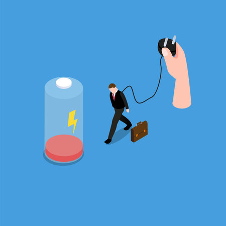 Businessman Tired of Working or Low Battery And Need to charge isometric 3d vector illustration concept for banner, website, illustration, landing page, flyer, etc.のイラスト素材
