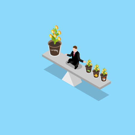Businessman or investor balancing investment instruments on a scale isometric 3d vector illustration concept for banner, website, illustration, landing page, flyer, etc.のイラスト素材