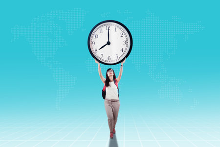 Young female Asian student carrying a huge clock