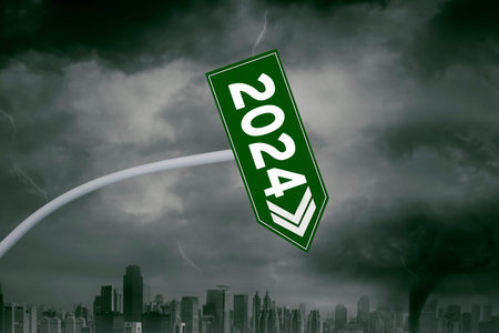Bending road sign with a lettering 202 new year numbers over thunderstorm city background