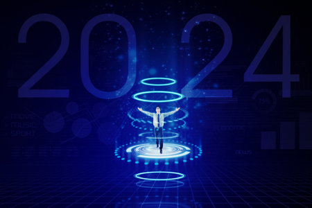 Happy businessman raising hands inside futuristic circles over 2024 financial data backgroundの写真素材