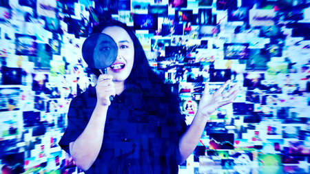Excited happy asian woman found something good on video streaming social media