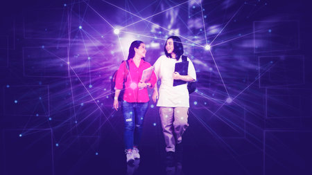 Female asian students walking together in cyber space or metaverse - online education concept