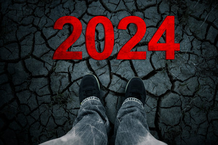 Human feet standing on dried earth with 2024 numberの写真素材