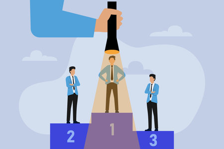 Winning businessman being flash lighted by big hand from top 2d flat vector illustrationのイラスト素材