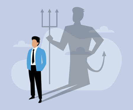 Businessman standing with hands on waist facing his own evil shadow 2d flat vector illustrationのイラスト素材