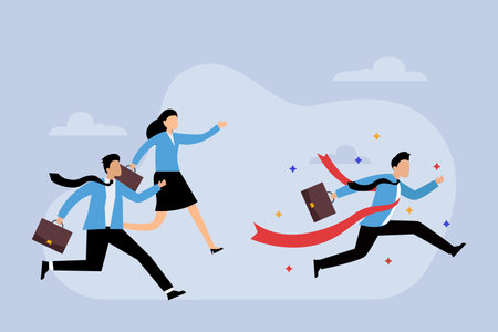 Businessman winning competition crossing red ribbon finish line celebrating success 2d flat vector illustrationのイラスト素材