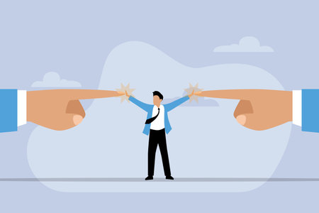 Businessman referee finds compromise. Mediator solving competition. Conflict and solutionのイラスト素材