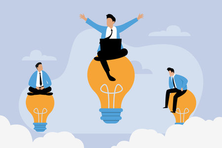 Businessman sitting on light bulb and using laptop. Men looking for new ideas. Education or creative ideaのイラスト素材