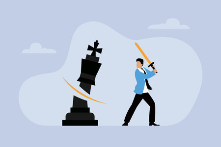 Businessman cutting king chess piece with a swordのイラスト素材