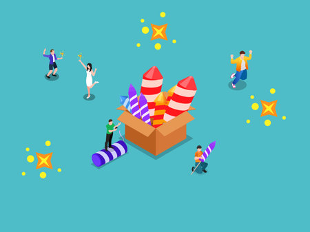 Collection of cartoon fireworks in paper container isometric 3d vector illustration concept for banner, website, landing page, flyer, greeting card, etcのイラスト素材