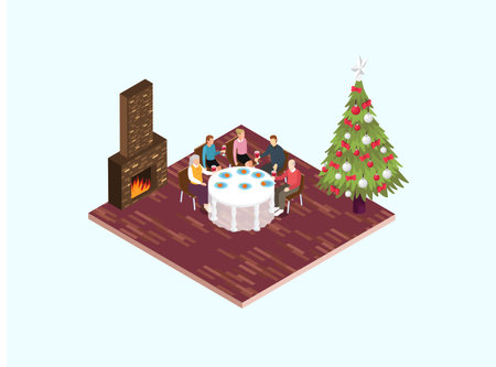 Family toasting with red wine in Christmas dinner at home in the living room near fireplace isometric 3d vector illustration concept for banner, website, landing page, flyer, greeting card, etcのイラスト素材