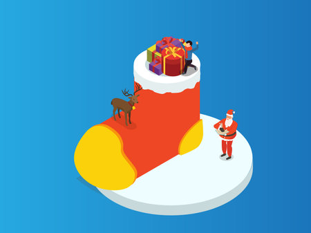 Huge christmas sock with santa claus and presents isometric 3d vector illustration concept for banner, website, landing page, flyer, greeting card, etcのイラスト素材
