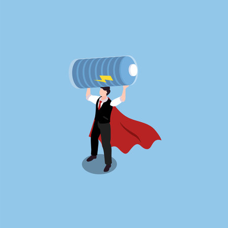 Motivated businessman with cape flying carry fully charged battery ready to fight for success isometric 3d vector illustration conceptのイラスト素材