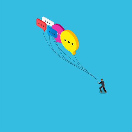 Businessman controlling chat bubbles with strings isometric 3d vector illustration conceptのイラスト素材