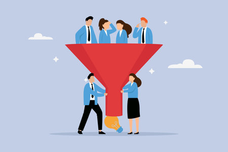 Business managers with funnel or filter to get idea from workers 2D flat vector concept for banner, website, illustration, landing page, flyer, etcのイラスト素材