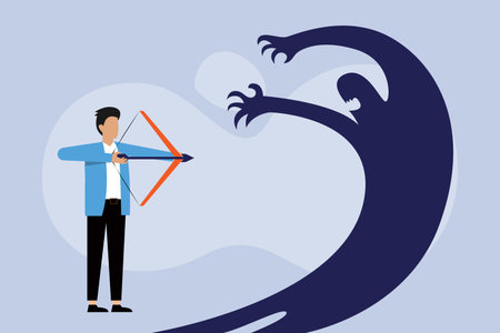 Businessman Aiming bow with arrow to his own monster shadow 2D flat vector concept for banner, website, illustration, landing page, flyer, etcのイラスト素材