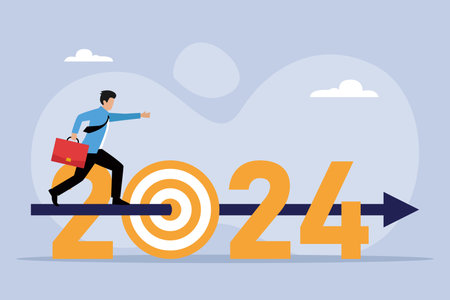Businessman running and archery target breaking successful on 2024 year 2D flat vector concept for banner, website, illustration, landing page, flyer, etcのイラスト素材