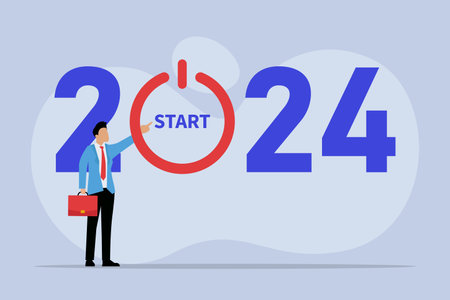 Man starts 2024 by pressing button 2D flat vector conceptのイラスト素材